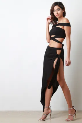 Banded Off Shoulder Crop Top And Asymmetrical Skirt Set