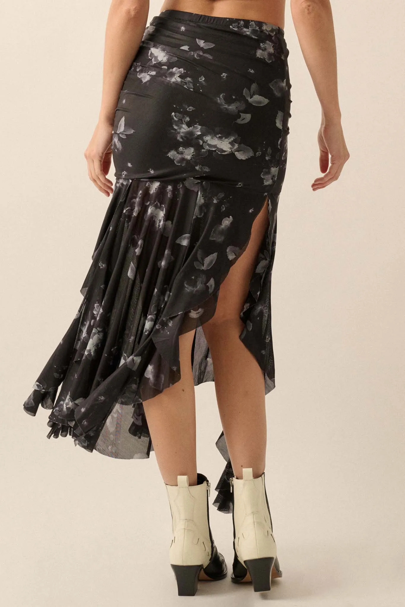 Blooming Shadows Floral Mesh Drop-Waist Midi Skirt