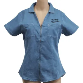 Branded  Women's Deep V Zippered Denim S/S Woven Shirt