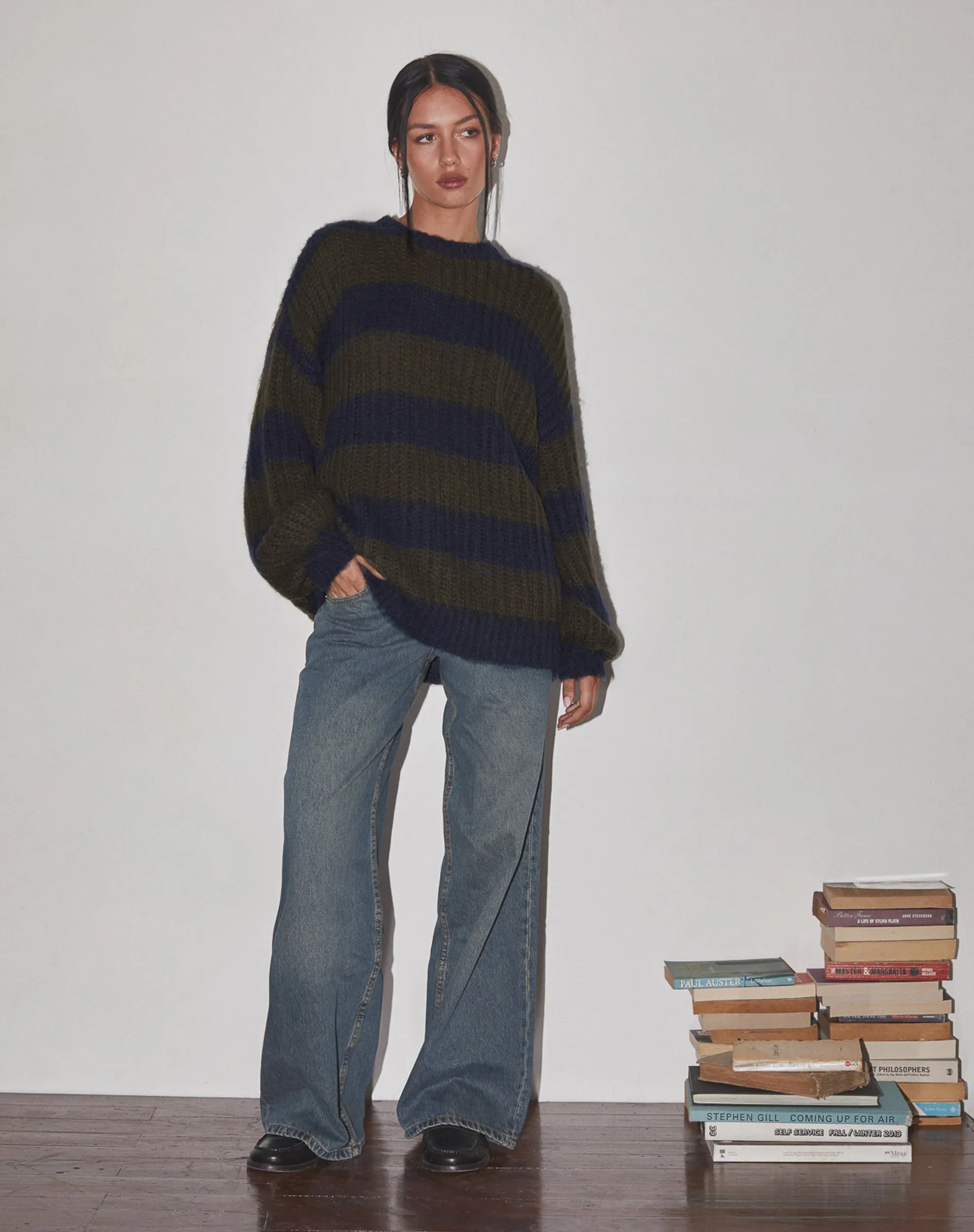 Daren Knitted Oversized Jumper in Khaki and Navy Blue Stripe