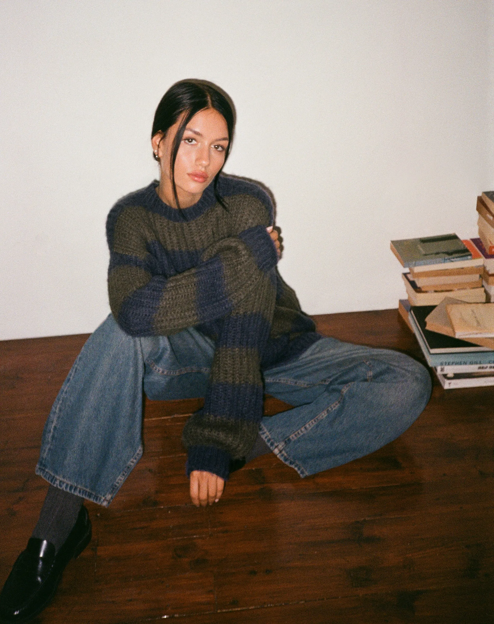 Daren Knitted Oversized Jumper in Khaki and Navy Blue Stripe