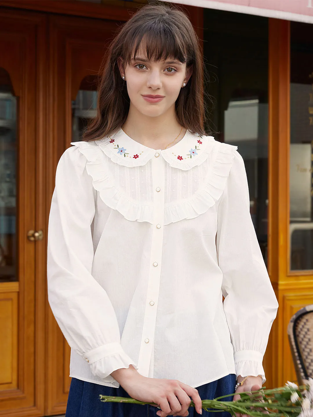 【Final Sale】Nancy Floral Embroidered Doll Neck Cotton Blouse