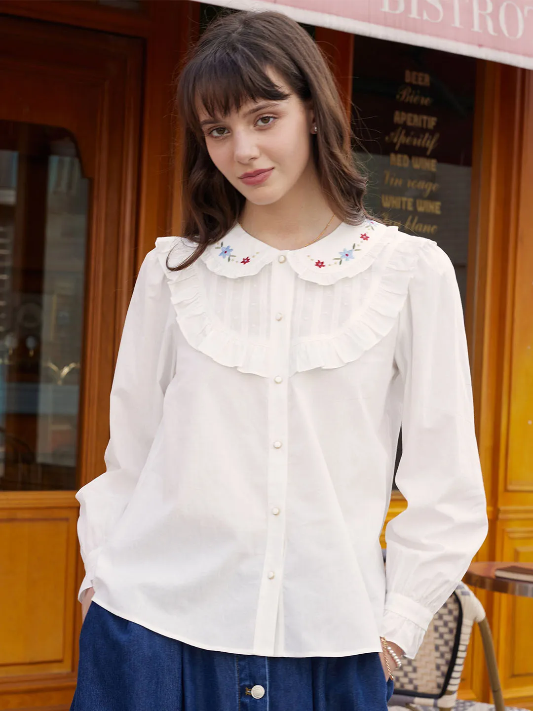 【Final Sale】Nancy Floral Embroidered Doll Neck Cotton Blouse