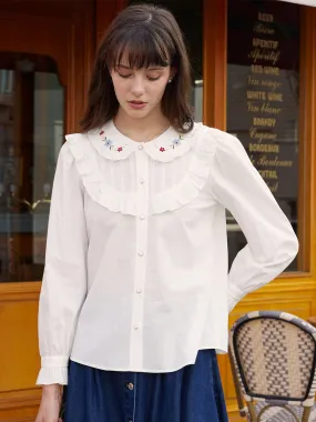 【Final Sale】Nancy Floral Embroidered Doll Neck Cotton Blouse