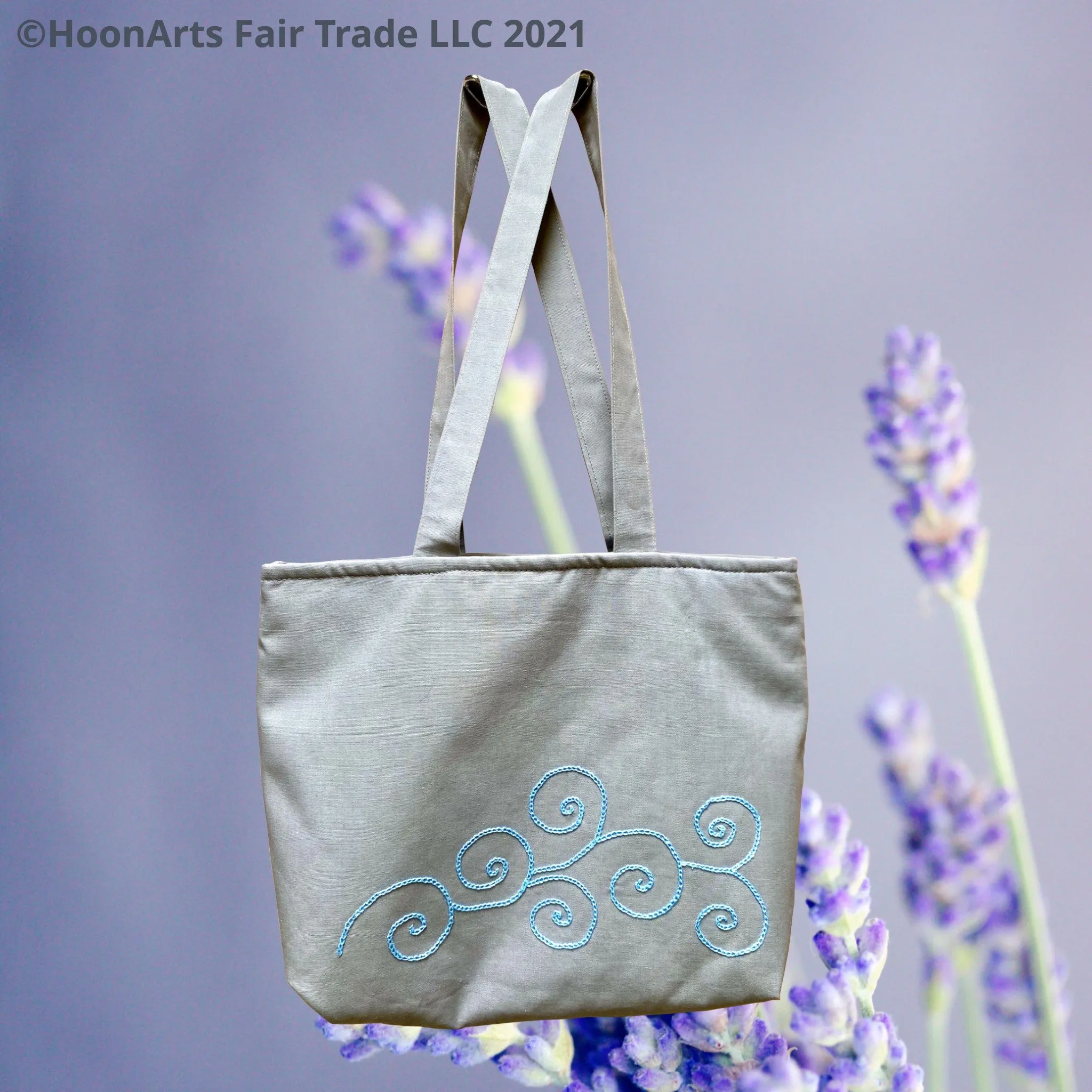 Hand Embroidered Blue Swirl Tote Bag