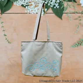 Hand Embroidered Blue Swirl Tote Bag