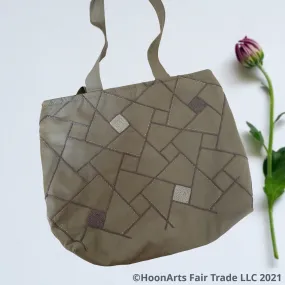 Hand Embroidered Grey Geometric Tote Bag