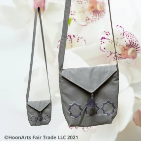 Hand Embroidered Grey "Eastern Star" Cross-Body Shoulder Bag