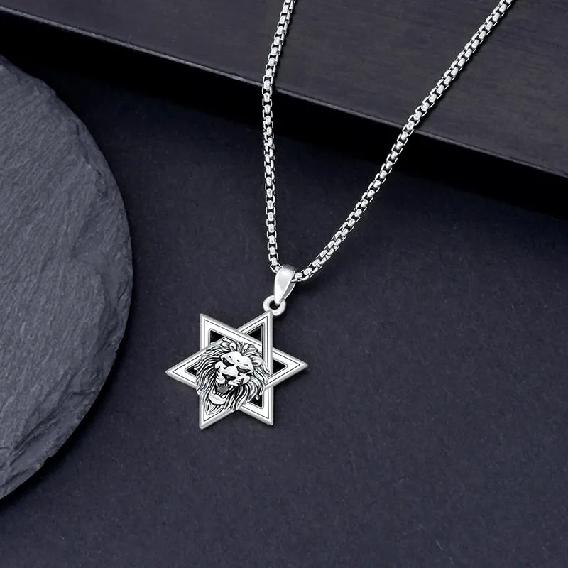 Sterling Silver Star Of David Lion Pendant Necklace